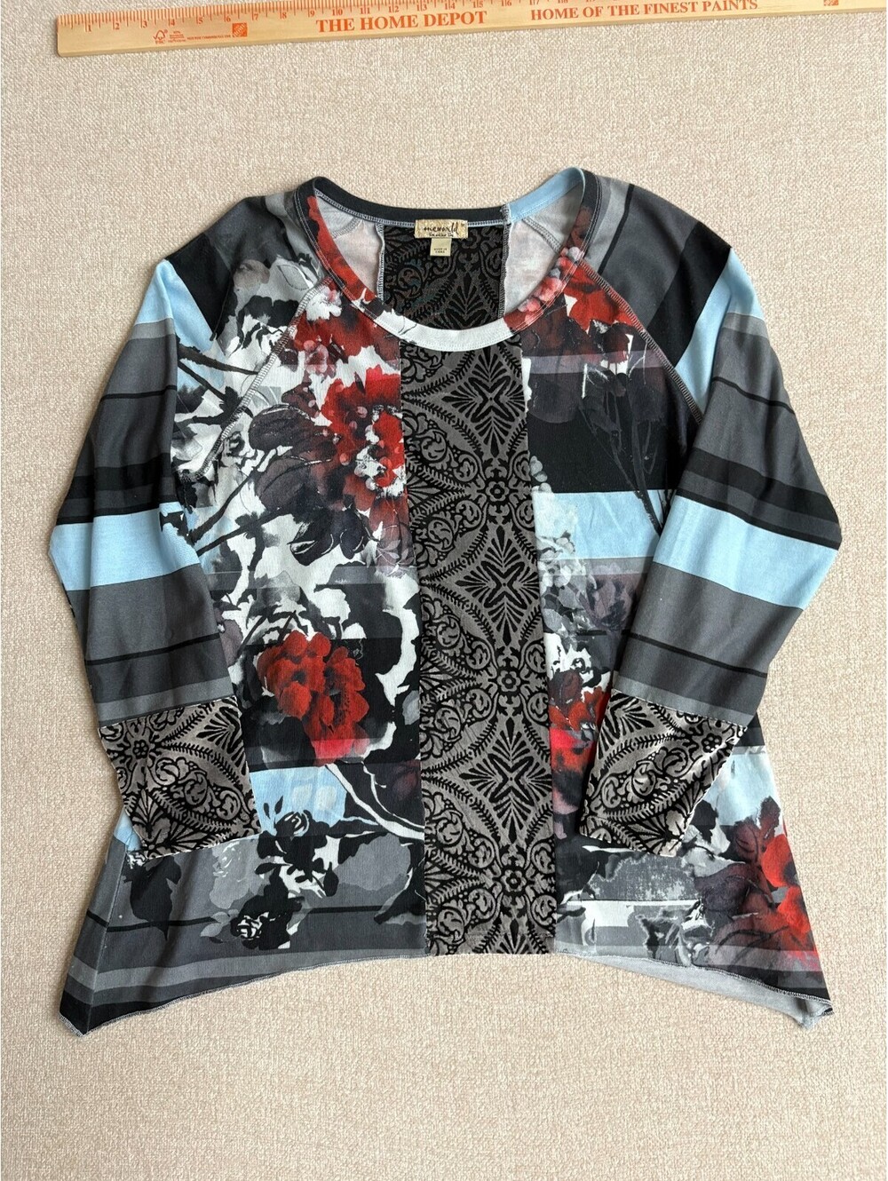 Oneworld Womens Medium Floral Stripe Patchwork Asymmetrical Handkerchief Hem Top